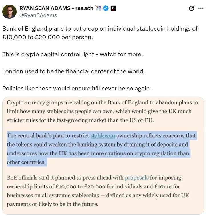 Stablecoin Limits in UK Set to Be Temporary Says BoE Deputy – Giới Hạn Stablecoin Tại Anh Sẽ Chỉ Là Tạm Thời, Phó Thống Đốc Ngân Hàng Trung Ương Khẳng Định