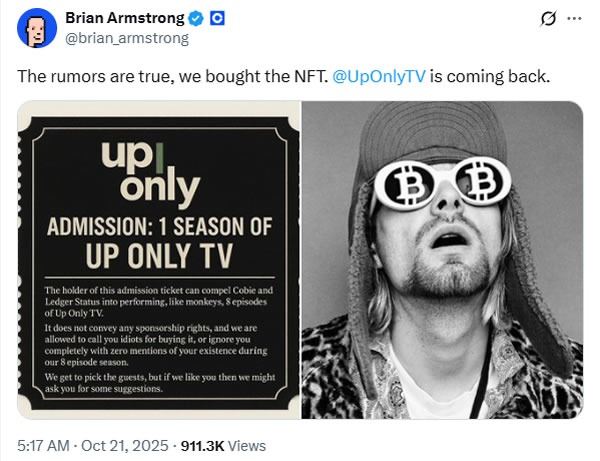 Coinbase Mua NFT Trị Giá 25 Triệu USD Để Khởi Động Lại Podcast UpOnly Crypto