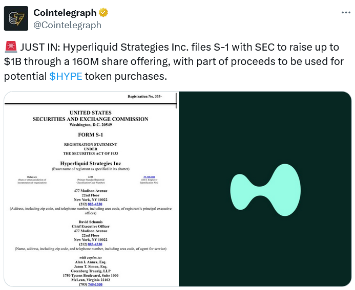Hyperliquid Strategies Nộp Hồ Sơ Huy Động 1 Tỷ USD Để Mua Thêm Token HYPE