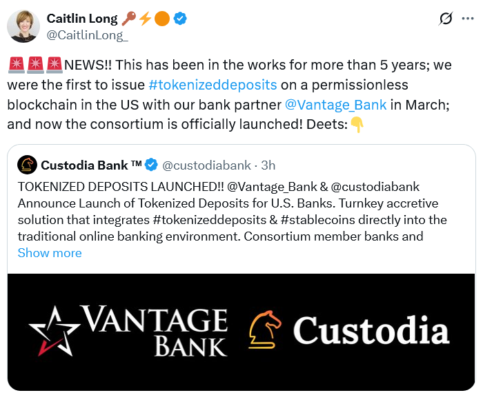 Custodia và Vantage Ra Mắt Ngân Hàng Blockchain Đầu Tiên Cho Gửi Tiền Token Hóa