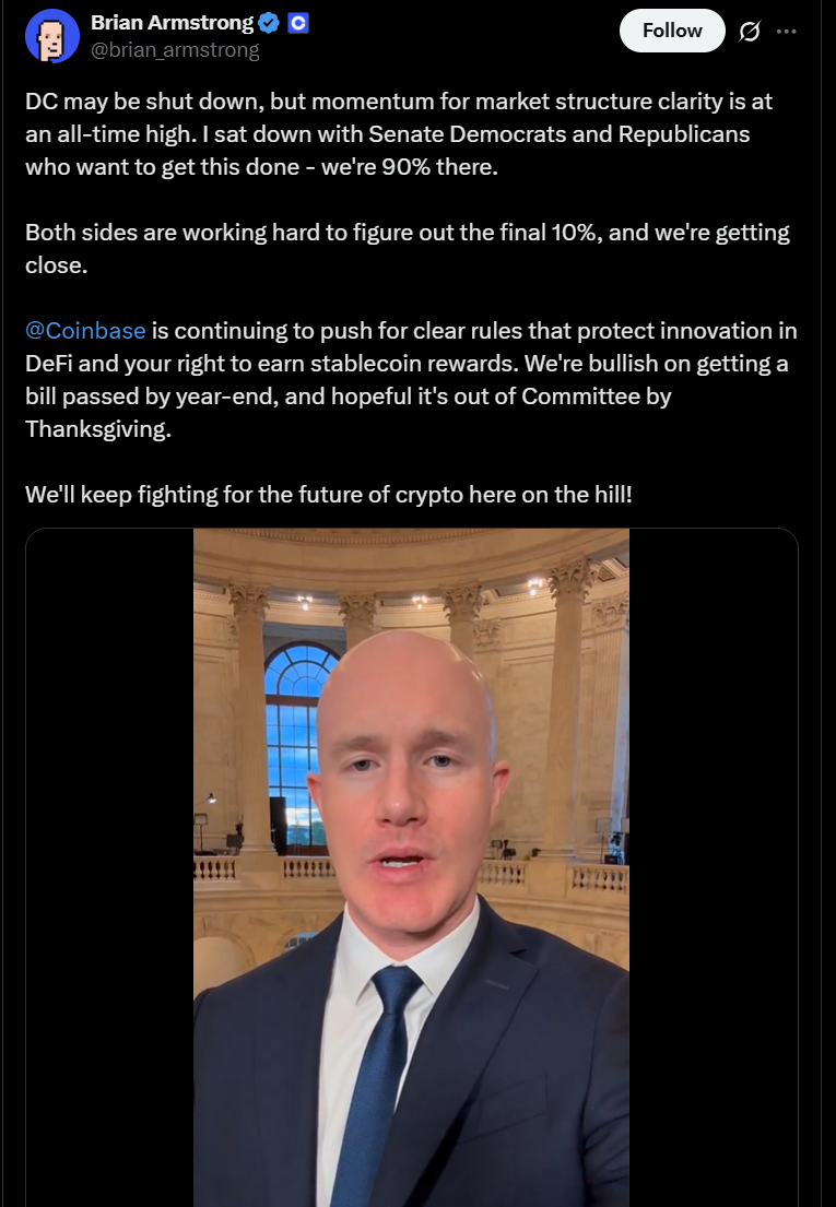 Brian Armstrong: Thượng viện Mỹ sắp thông qua luật cấu trúc thị trường tiền mã hóa