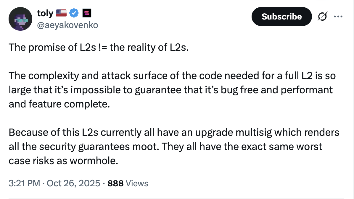L2s Are and Not Backed by Ethereum's Base Layer Security: Solana Founder