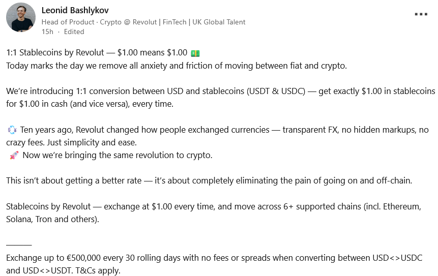 Revolut Triển Khai Tính Năng Chuyển Đổi 1:1 Từ USD Sang Stablecoin – Bước Tiến Mới Trong Tài Chính Số
