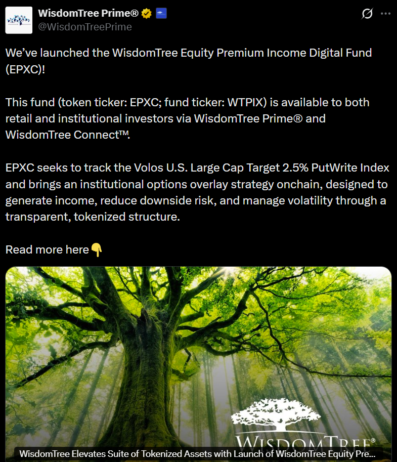 WisdomTree Ra Mắt Quỹ Thu Nhập Từ Quyền Chọn Được Token Hóa EPXC Trên Chuỗi Khối